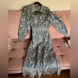 Zara Blue and Cream Floral Long-Sleeve Midi Dress